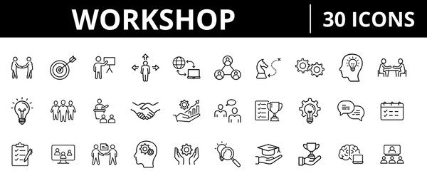 Workshop outline icon set featuring teamwork, brainstorming, leadership, communication, and business collaboration in professional minimal style.