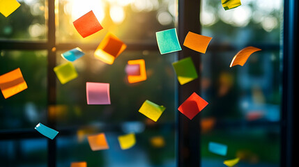 Colorful sticky notes drifting in the air near a window.