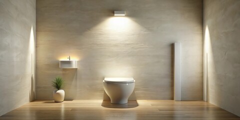 Fototapeta premium Modern minimalist restroom design featuring a sleek toilet, wall-mounted sink, and subtle lighting against a textured wall