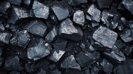 Coal background. Close-up view of a pile of irregularly shaped coal pieces with rough texture and shiny surfaces