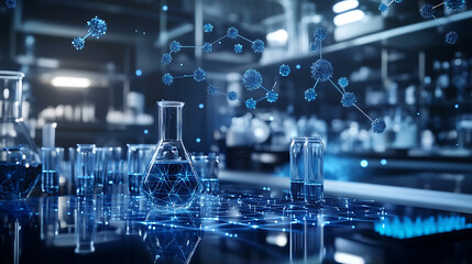 Blue Illuminated Molecular Structures in a Modern Laboratory Setting