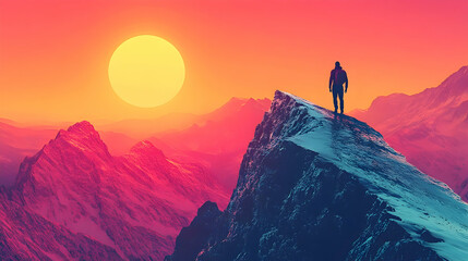 Fototapeta premium A vibrant, colorful mountaintop view with a solitary figure.