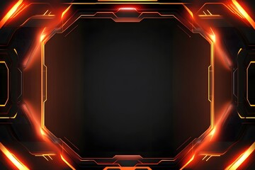 Abstract futuristic background with a glowing orange high-tech frame. Sci-fi digital interface with geometric patterns and luminous neon lights on a dark metallic surface for presentation
