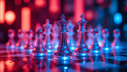Futuristic Glass Chessboard with Glowing Red and Blue Pieces