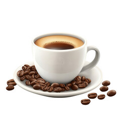 Fototapeta premium white coffee cup filled with dark coffee. sitting on a saucer surrounded by roasted coffee beans the scene conveys warmth and comfort. ideal for coffee lovers and promoting relaxation or social intera