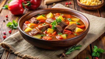 Hearty beef goulash soup in a rustic bowl with tender chuck steak and vegetables