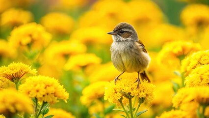 Obraz premium Small bird sitting on a flower stem amidst yellow blooms in a lush green garden setting #birdonflower, garden scenery, flower stem