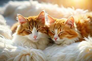 Obraz premium Fluffy Cats Cuddling, Long Hair, White Blanket, Sleeping, Cozy, Dreamy Pet Photo