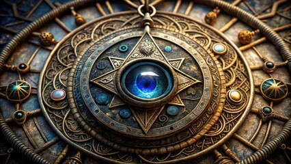 Obraz premium Mysterious metallic amulet with a glass eye center surrounded by ancient mystical symbols and mysterious runes, magical pendant, metallic amulet