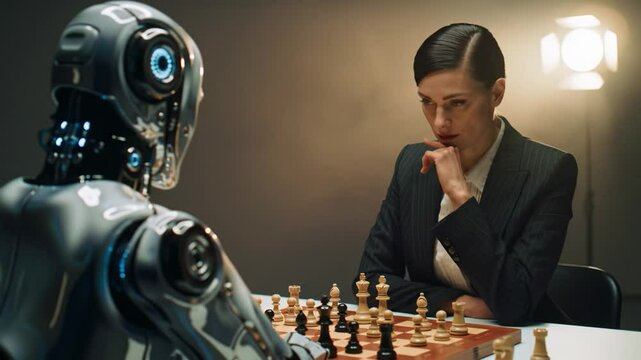 A thrilling chess match unfolds as a woman competes against a sophisticated robot. Tension builds in the room, highlighting the clash of human intuition and machine precision.