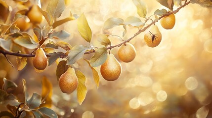 Ripe pears on branch, autumn orchard, sunlight bokeh background, harvest season, food blog