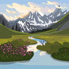 Alpine meadows and beautiful mountains, forests and river, vector illustration. Landscape of green fields, amazing mountains on a clear day with gentle clouds in the blue sky.