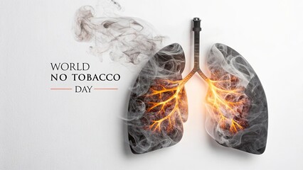 Burning lungs formed by cigarette smoke with bright internal fires, "World No Tobacco Day" text, set on clean white background. Concept of internal damage and antismoking awareness