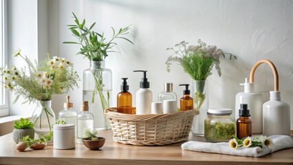 A Serene Bathroom Setting with Natural Elements and Skincare Products in a Wicker Basket