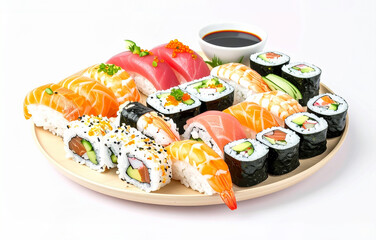Assorted sushi platter with nigiri, maki rolls, and sashimi served on a wooden plate with soy sauce. Fresh seafood, colorful presentation, traditional Japanese cuisine.