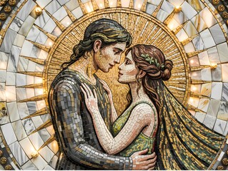 Romantic Mosaic Artwork of a Couple Embracing with Golden Light and Marble Background