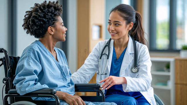 Compassionate Doctor Comforting Smiling Female Patient in Wheelchair at Healthcare Facility