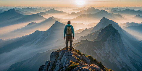 Lone Hiker Standing on Mountain Cliff, Gazing Over Misty Peaks at Sunrise