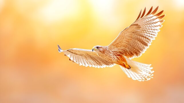 A majestic hawk in flight, wings spread wide against a warm, golden sunrise or sunset backdrop