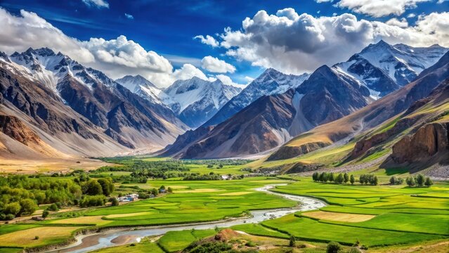 Panoramic view of a serene valley surrounded by snow-capped mountains and lush green meadows in Kargil, Ladakh, India , Beautiful landscape, Mountain range