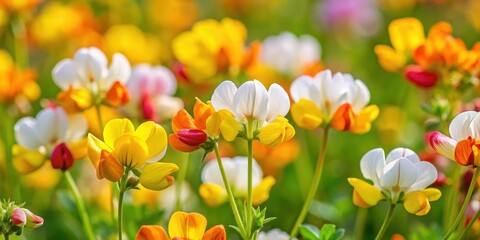 Fototapeta premium Close-up of vibrant birds foot trefoil flowers in full bloom with delicate white petals and yellow center , vibrant colors, wildflowers