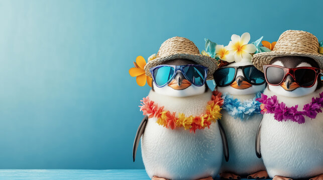 Pinguine mit Sonnenbrillen und Blumenschmuck: Urlaubsfeeling pur