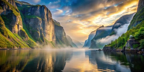 Fjord with towering cliffs at sunrise, misty atmosphere, greenery and water, fog, mist,  fog, mist, tranquil