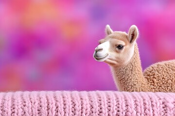 Fototapeta premium Adorable light brown alpaca peeking over a pink knitted blanket against a vibrant purple and pink bokeh background