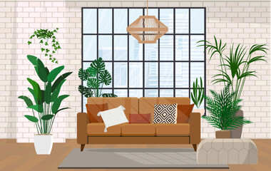 The design of the living room with fashionable furniture. Vector illustration of a flat style.