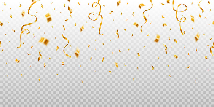 Beautiful celebration widescreen seamless party vector with golden falling confetti and ribbons on transparent background.