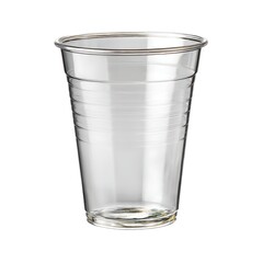 A clear plastic cup, often used for disposable drinkware, is isolated on a white background
