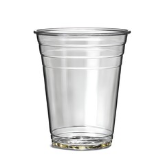 A clear plastic cup, often used for disposable drinkware, is isolated on a white background