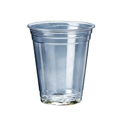 A clear plastic cup, often used for disposable drinkware, is isolated on a white background