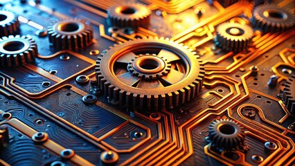 Close-up of various gears on a circuit board with vibrant orange accents and metallic hues, showcasing intricate details and textures, industrial design, electronics
