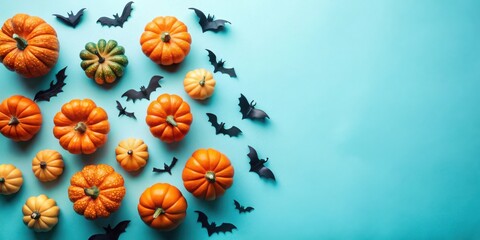 Autumnal Harvest Celebration with Miniature Pumpkins and Bats on a Light Blue Background
