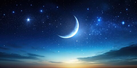 Dark midnight sky transitioning into soft morning blue with subtle stars and a crescent moon , atmospheric effect, dark to light transition