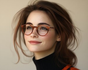 Fototapeta premium Smiling young woman with glasses and red lipstick in black sweater against neutral background showcasing intelligence clarity self assurance and modern intellectual identity