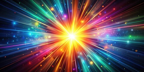 Obraz premium A mesmerizing abstract light burst radiates vibrant colors through the darkness, creating an otherworldly ambiance that evokes a sense of wonder and enchantment , abstract light burst, enchanting