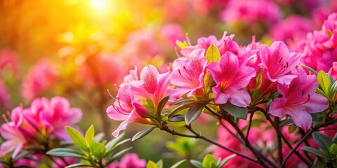 Obraz premium Vibrant bright pink azalea flowers fully bloomed under a warm sunny sky with soft golden light filtering through the leaves