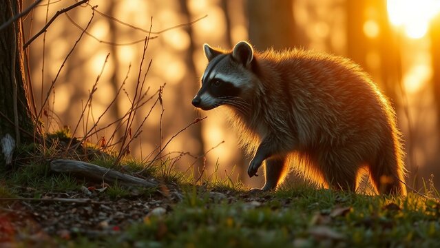 Waschb&auml;r im Wald bei goldenem Sonnenuntergang, Naturaufnahme mit stimmungsvoller Lichtstimmung.