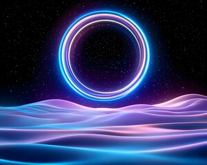 Fototapeta premium Glowing neon ring over a vibrant, undulating landscape against a starry night sky