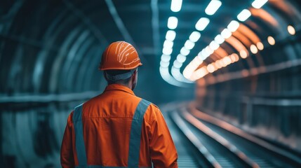 Engineer in orange uniform and helmet stands in underground railway tunnel, high-resolution close-up with natural light, sharp focus, and soft shadows.