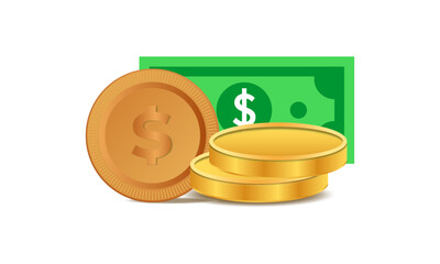Realistic yellow brass or gold coin different views. Embossed Dollar Sign and Star-Patterned Border on a Clean White Background with Soft Shadow. 3D golden coins. Payment and investment, bank money.