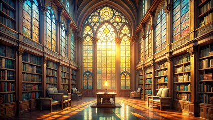 Naklejka premium A tranquil library with towering bookshelves and soft, golden light filtering through stained glass windows , calmness, mystical atmosphere
