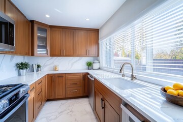 Fototapeta premium Wooden blinds on large windows. Modern kitchen interior. Elegant dining room with houseplants, wood blinds. Motorized jalousie in the smart house. Modern window shutters, roller. Duo system day night