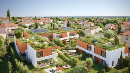 Obraz premium Modern Apartment Complex with Green Roofs and Solar Panels