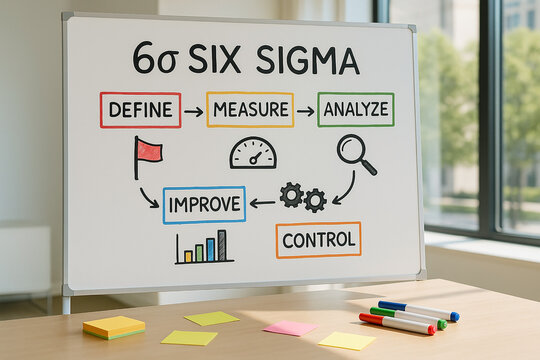 Whiteboard presentation of Six Sigma DMAIC cycle with hand-drawn icons and arrows showing Define, Measure, Analyze, Improve, and Control phases in office meeting room..