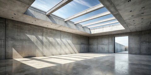Fototapeta premium Sunlit Modern Concrete Interior Architectural Space Featuring a Skylight and Open Doorway