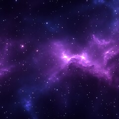 Deep space nebula, filled with vibrant purple and violet hues, scattered stars, and swirling cosmic clouds.  A vast expanse of the universe
