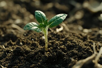 Seedling Germination in Fertile Soil Featuring First True Leaves and Sunlight Detail